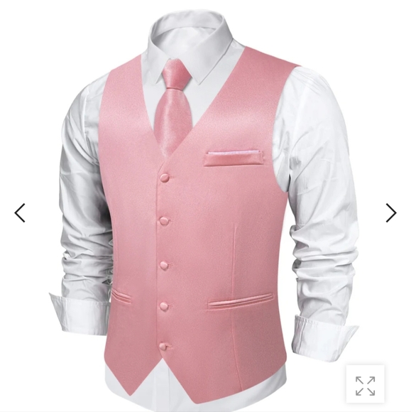 (3) M Pink Satin Waistcoat Vest, Tie, Bowtie, Handkerchief & Cufflinks Set - Picture 5 of 10